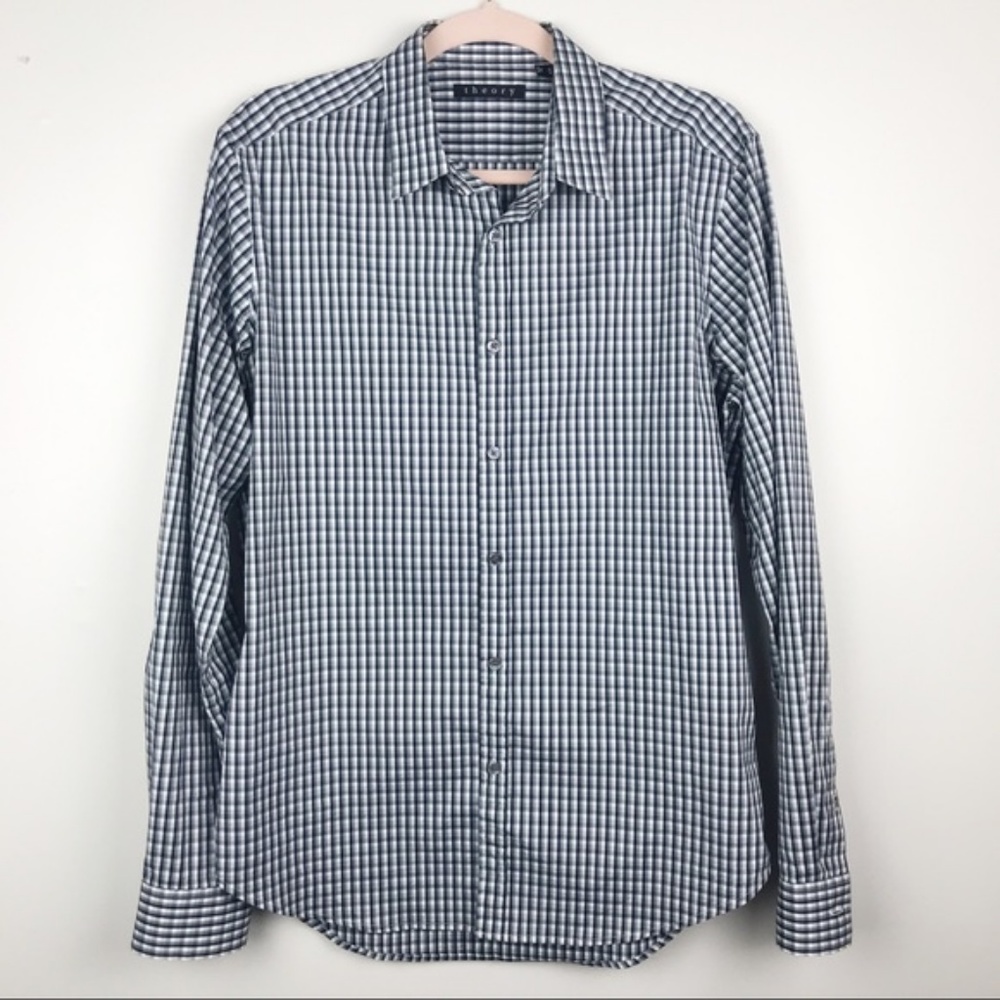 Theory Zack PS Button Down Plaid Shirt Gray & Black Size Medium
